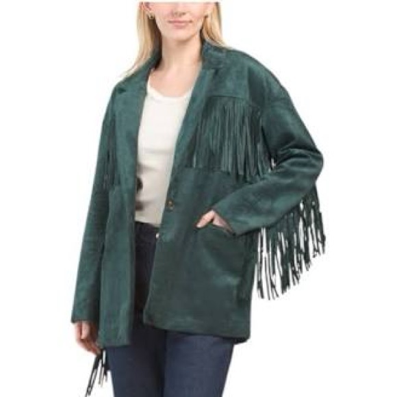 Blank NYC Jackets & Blazers - BLANK NYC Deep Dive Faux Suede Fringe Blazer Jacket Dark Teal Green Small New